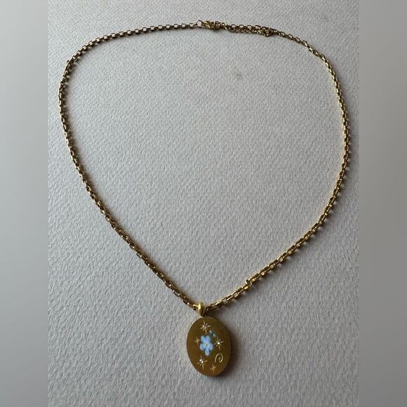 Gold Necklace with Blue Floral Design M532 - Picture 2 of 3